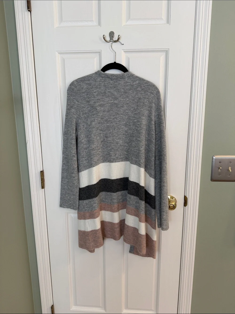 Open-Front Grey Striped Knit Cardigan with Cream & Blush Bands